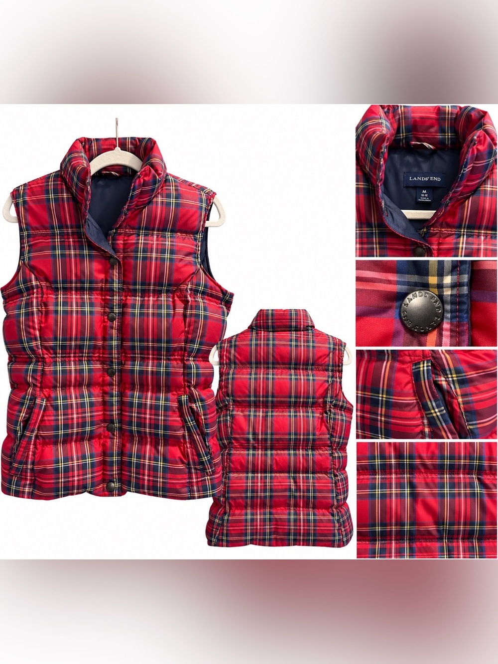 Lands’ End Down Puffer Vest Red Tartan Plaid Women’s M 10-12